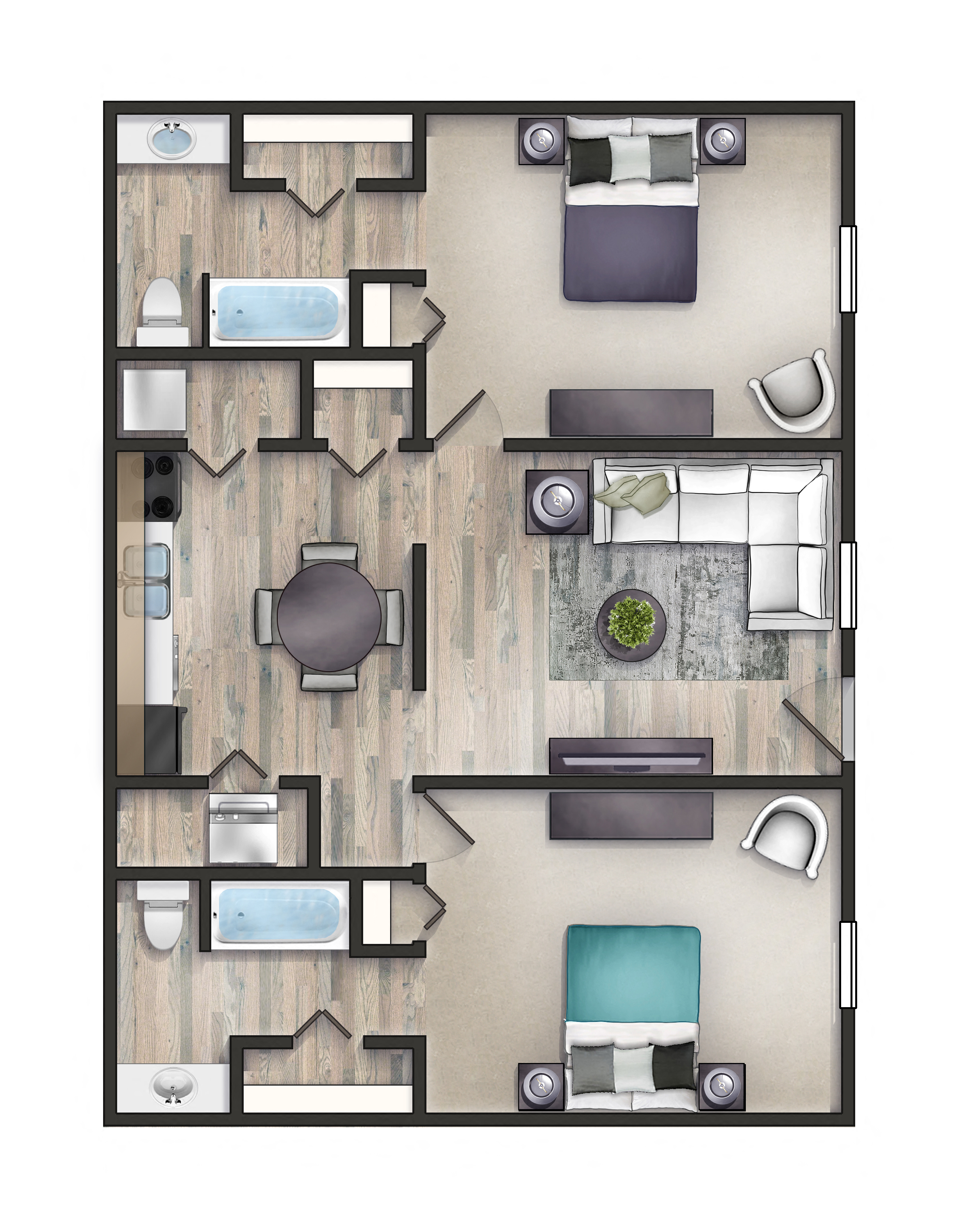 Floor plan for 2 beds, 2 baths, 900 sqft
